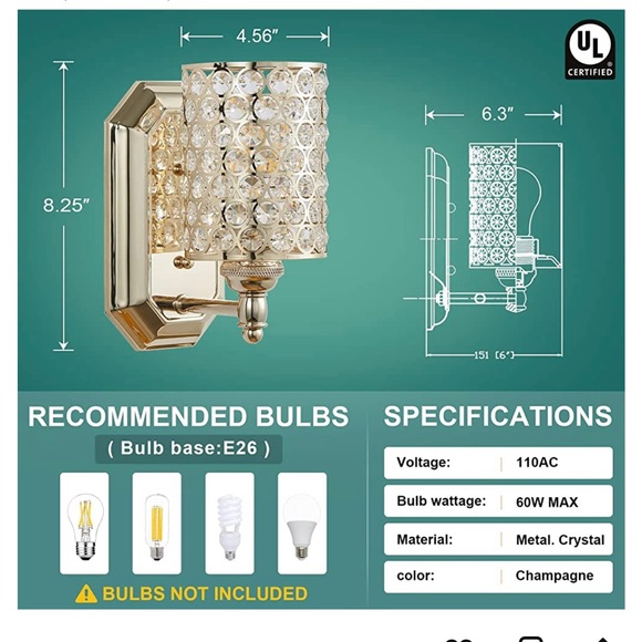 Plating champagne finish and polyhedral opal crystal shade. 2 fixtures included - Picture 4 of 15